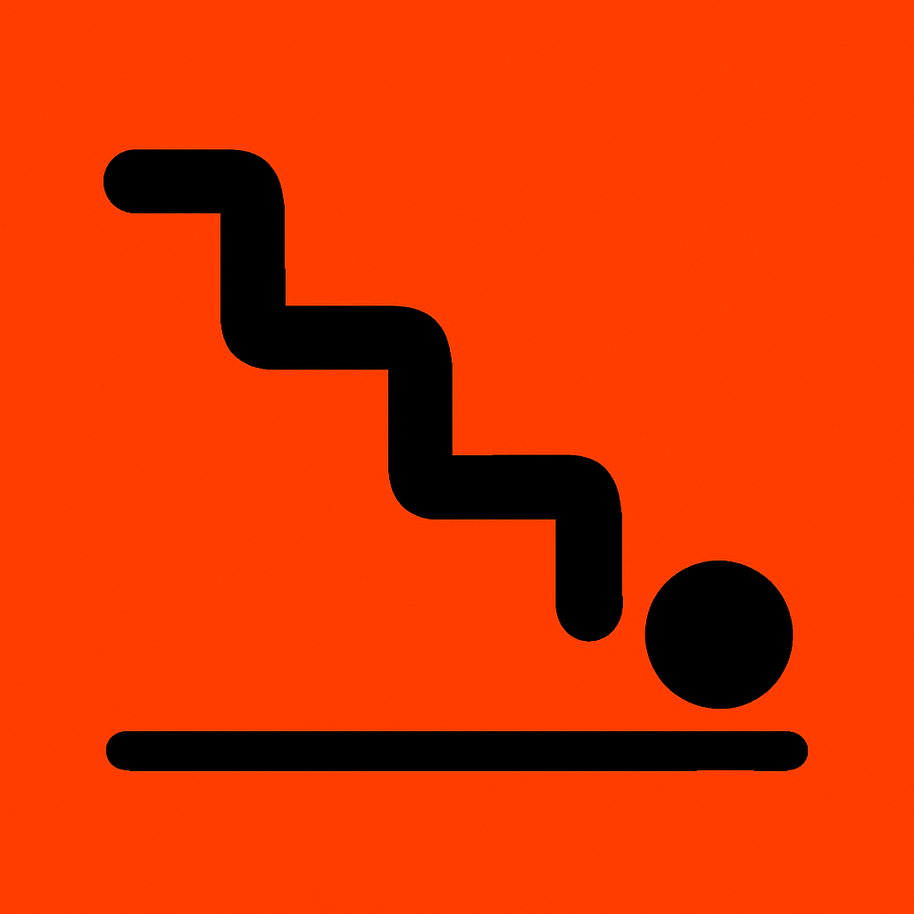 A heavy black line stepping down to a baseline, with a solid dot where it came to rest